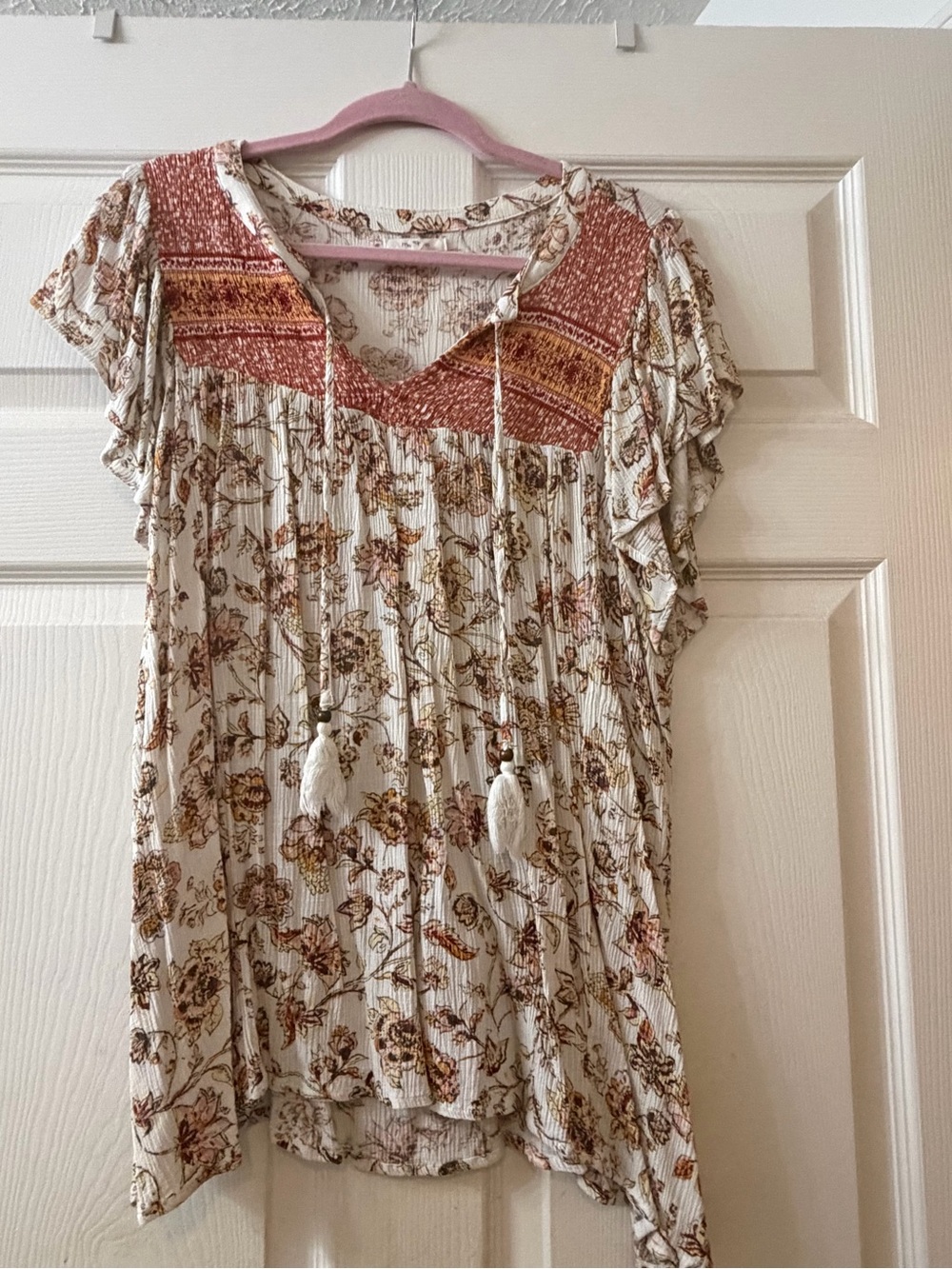 Maurices Cream Floral Tassel Boho Blouse with Rust Yoke